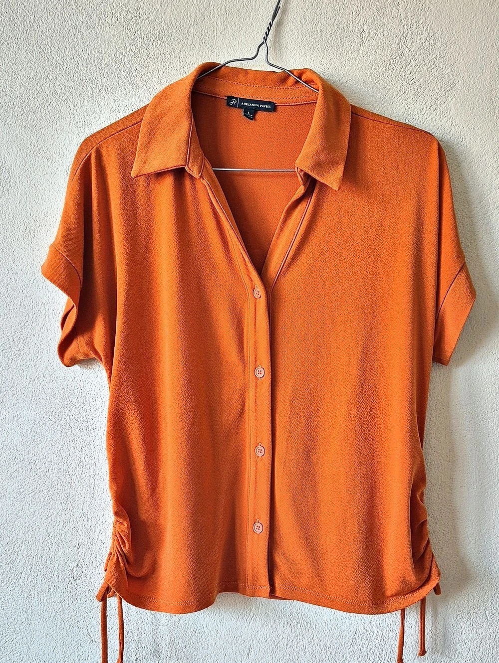 Adrianna Papell Short Sleeve Button-Up Drawstring Hem Top Orange Small